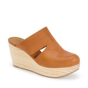 COCLICO Women's Cognac Leather Platform Wedge Mule Clogs 39
